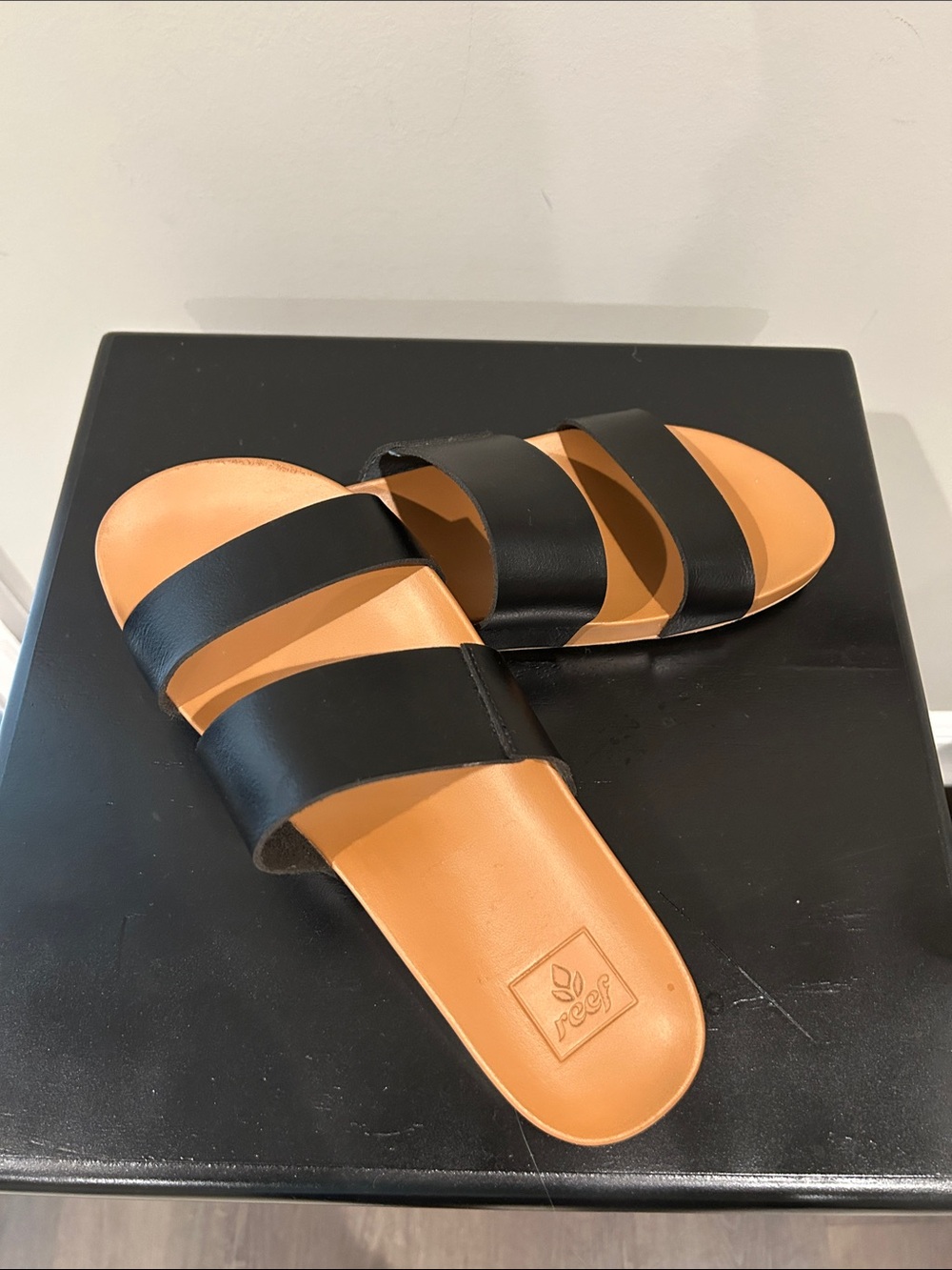 Reef Black Double Strap Slide Sandals with Tan Footbed